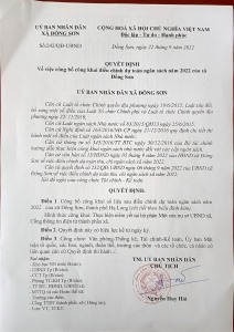Xã Đồng Sơn Quyết định công bố công khai điều chỉnh dự toán ngân sách năm 2022 