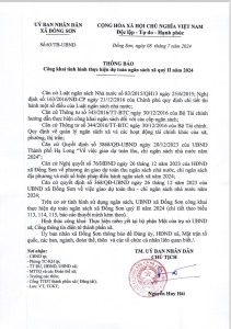 XÃ ĐỒNG SƠN THÔNG BÁO CÔNG KHAI TÌNH HÌNH THỰC HIỆN DỰ TOÁN NGÂN SÁCH XÃ QUÝ II NĂM 2024 